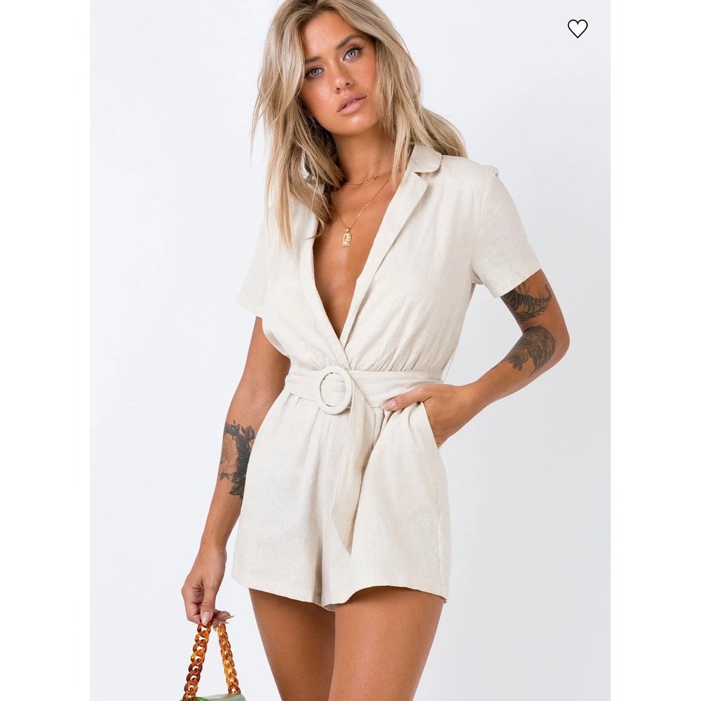 Princess Polly Linen Blend Belted Romper Beige Short Sleeve US 6